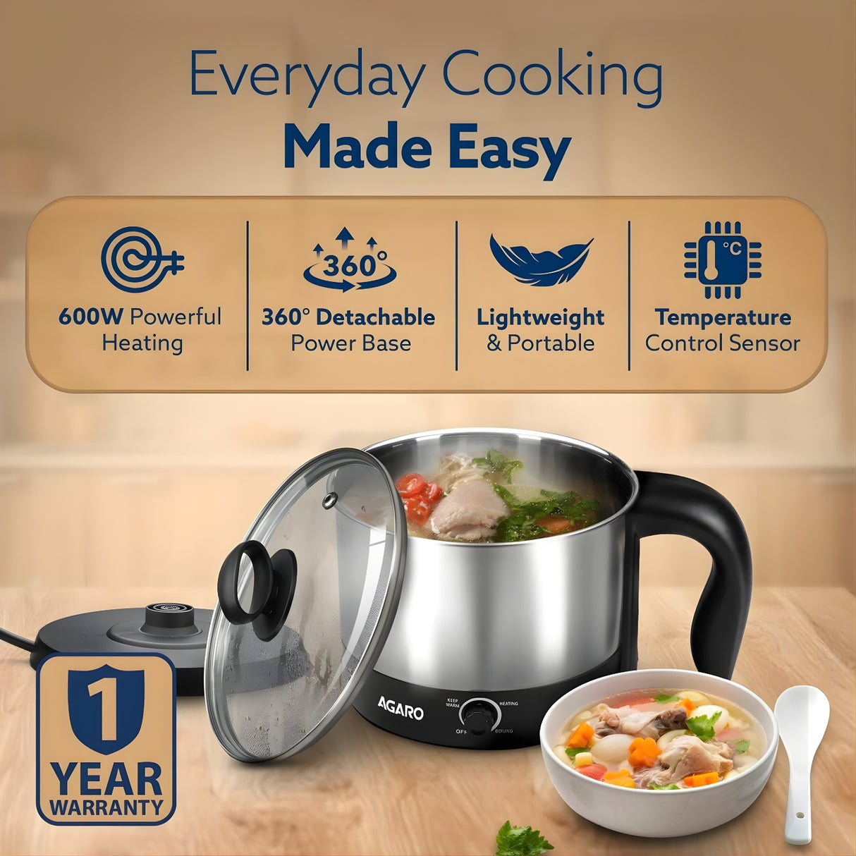 AGARO Esteem 33333 Multi-Use Stainless Steel 600 W Electric Kettle 1.2 L – Silver_3