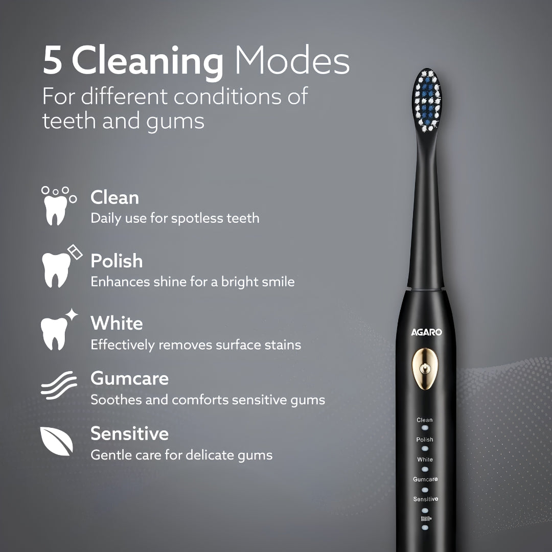 Agaro Cosmic Lite Electric Tooth Brush with 5 Modes - Black_Feature_2