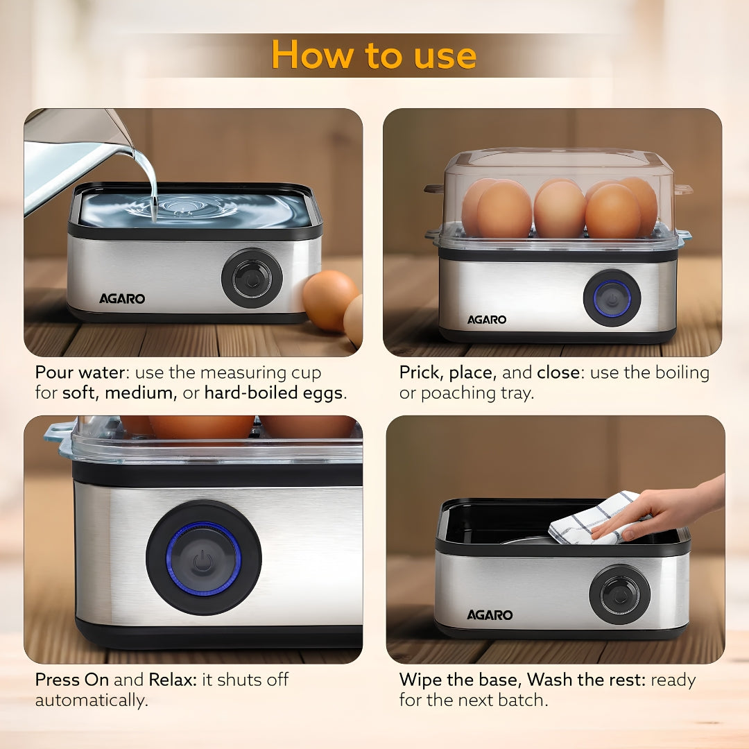Agaro Grand Egg Poacher with 3 Modes 8 Eggs - Black and Silver_Front View_5
