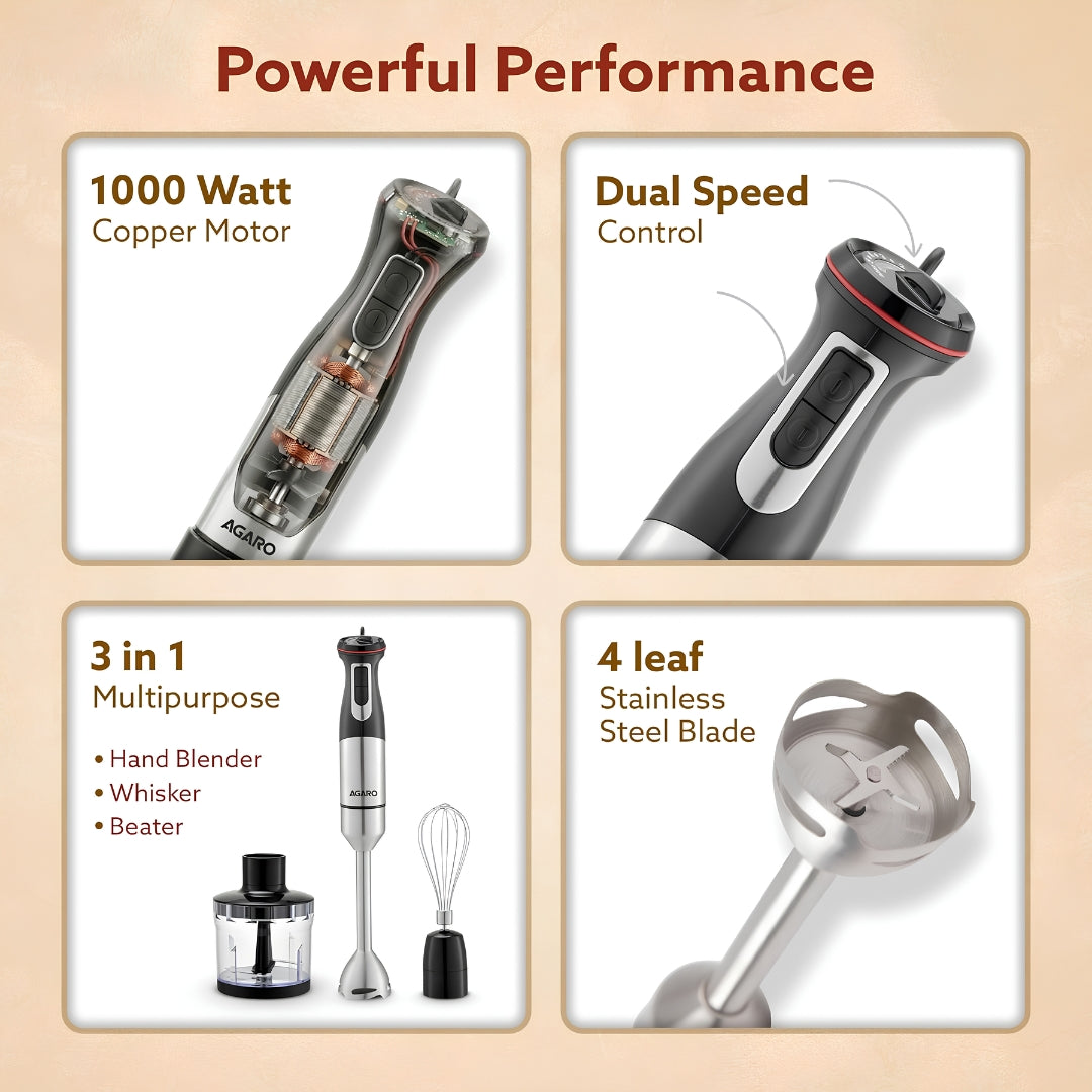 Agaro Grand Hand Blend with Chopper 1000 Watts - Black and Silver_Feature_1
