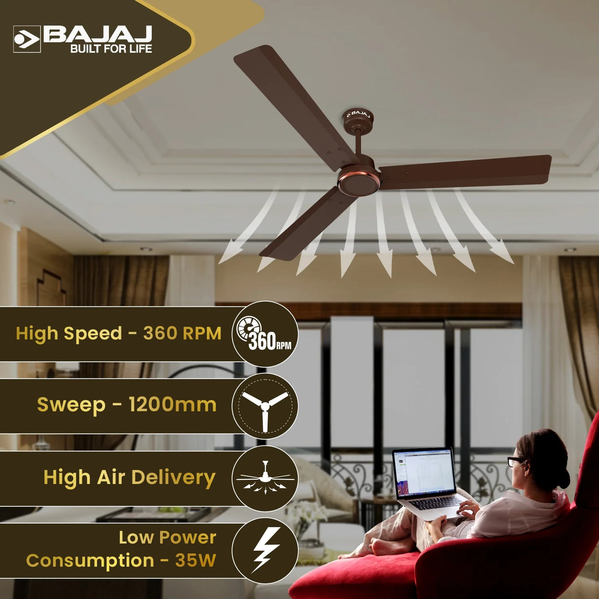 Bajaj Classico Ceiling Fan Sleek 1200 mm - Red Walnut_5