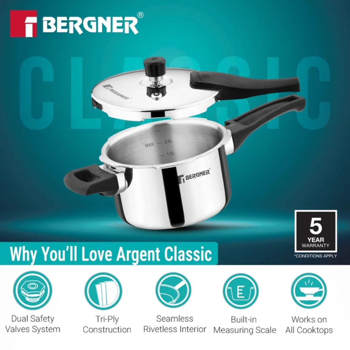 Bergner Argent Classic Triply Pressure Cooker 2.5 L_5