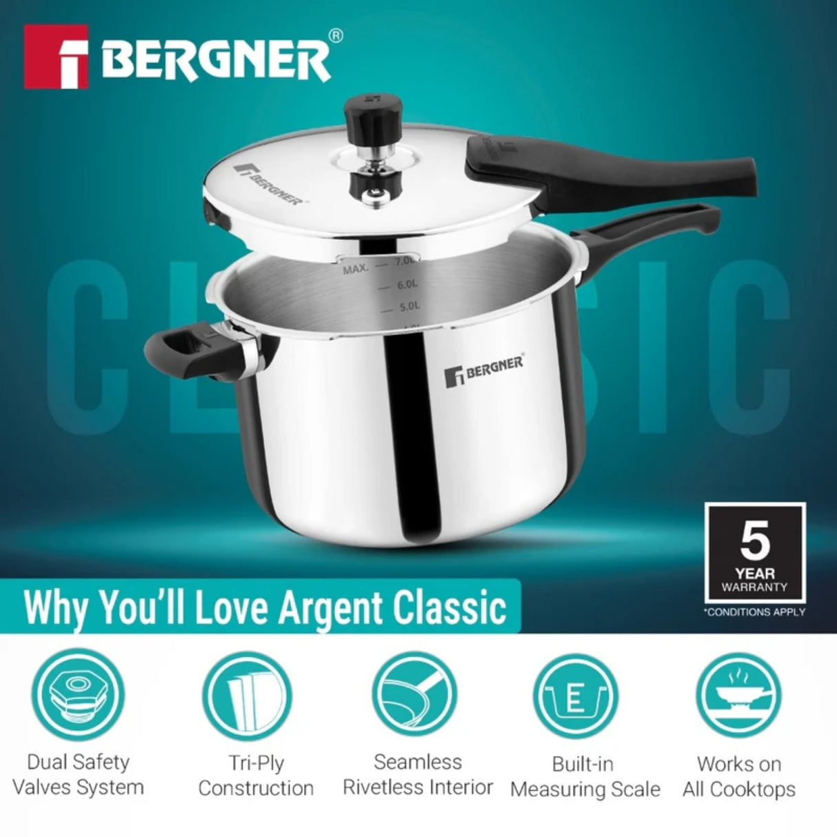 Bergner Argent Classic Triply Pressure Cooker 8 L_4