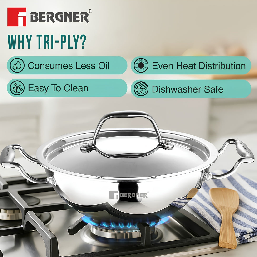 Bergner Argent Triply Stainless Steel Kadai with Lid 28 cm _ 4.3 L_4