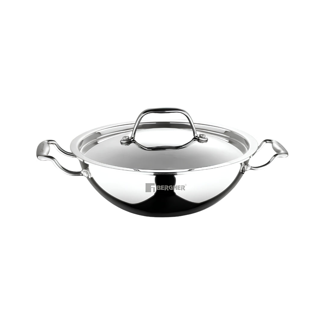 Bergner Argent Triply Stainless Steel Kadai with Lid 28 cm _ 4.3 L_Front View