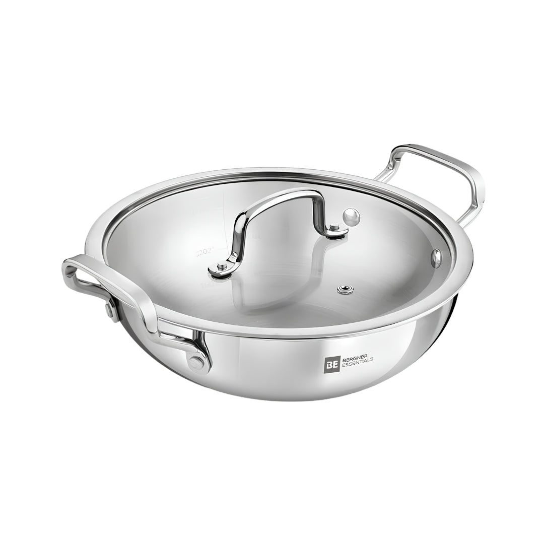 Bergner Essentials Girisha Triply SS Kadai with Glass Lid 24 cm _ 3 L_Front View