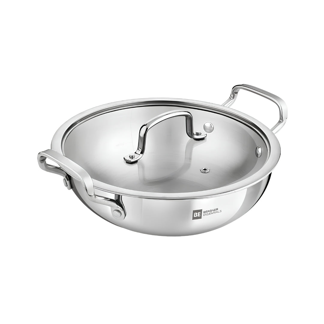 Bergner Essentials Girisha Triply SS Kadai with Glass Lid 26 cm _ 3.9 L_Front View