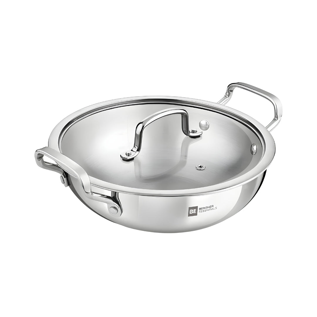 Bergner Essentials Girisha Triply SS Kadai with Glass Lid 28 cm _ 5 L_Front View