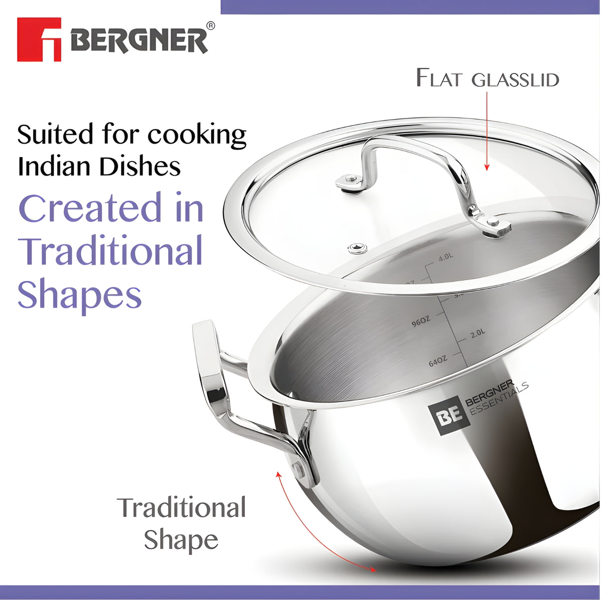 Bergner Essentials Triply SS Rice Handi with Glass Lid 18 cm \ 3.2 L_5