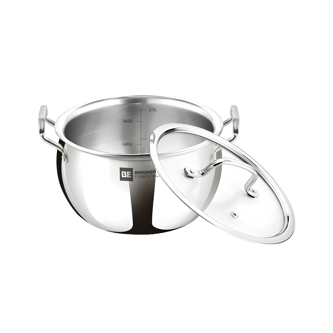 Bergner Essentials Triply SS Rice Handi with Glass Lid 18 cm \ 3.2 L_Front View