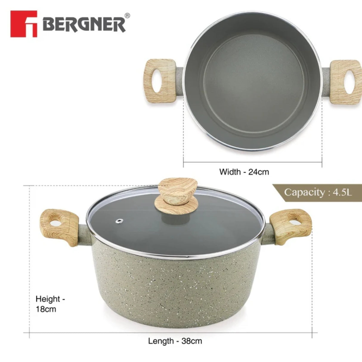 Bergner Naturally Ceramic Cooking Pot Casserole with Glass Lid 24 cm \ 4.5 L - Grey_3
