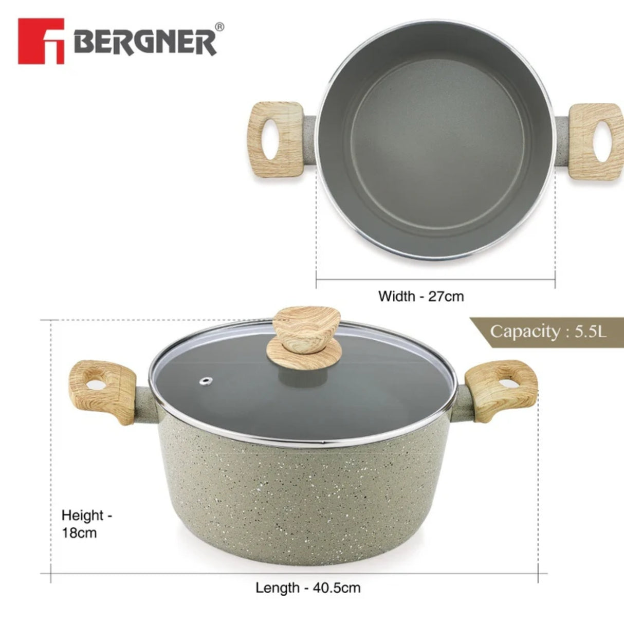Bergner Naturally Ceramic Cooking Pot Casserole with Glass Lid 26 cm \ 5.5 L - Grey_3
