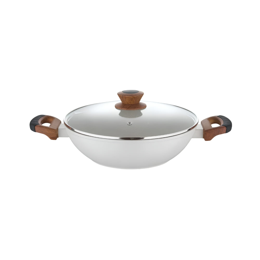 Bergner Naturally Non Stick Marble Kadai with Glass Lid 28 cm _ 3.3 L - White_Front View