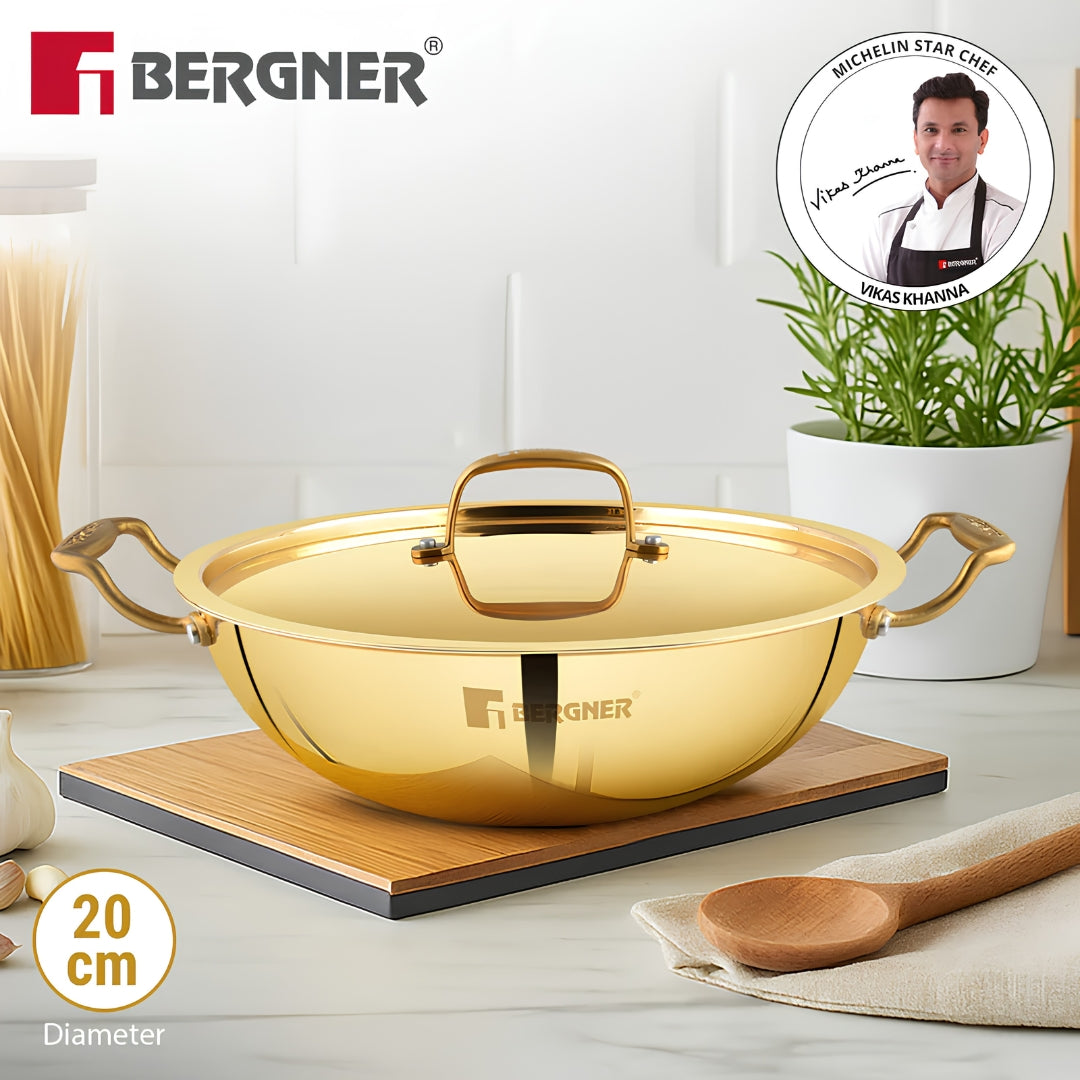 Bergner Peetlam Kalai Coated Brass Kadai with Lid 20 cm _ 1.5 L - Golden Yellow_2