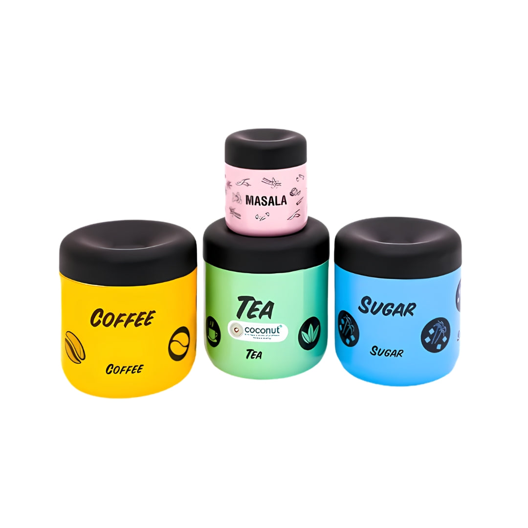 Coconut SS TCS Rainbow Tea Coffee Sugar and Masala Containers 4 Pcs Set - Assorted Colour_Front View1