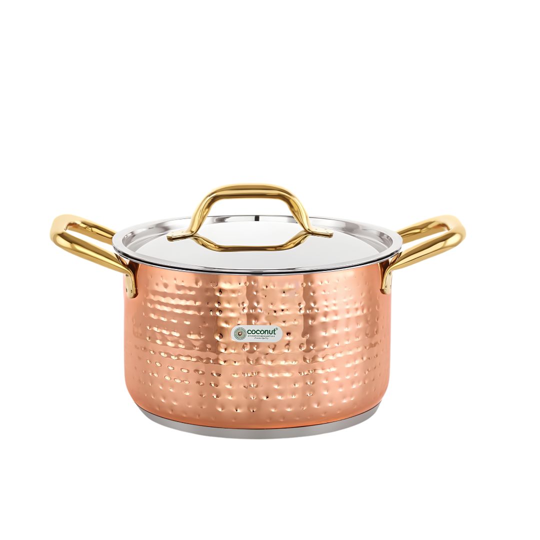 Coconut Serene SS Copper Finish Hammered Design Capsulated Stockpot with Lid 24 cm_ 3500 ml_Lid View