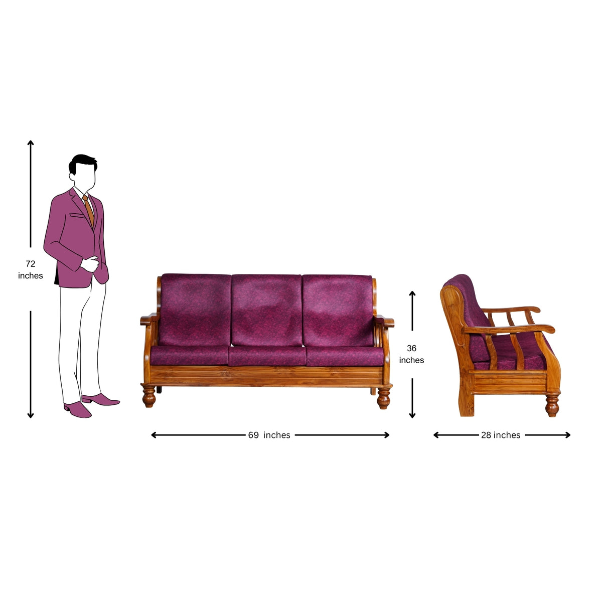 Denver Luxe Wooden Sofa Set (3+1+1-Seater) - Natural Finish