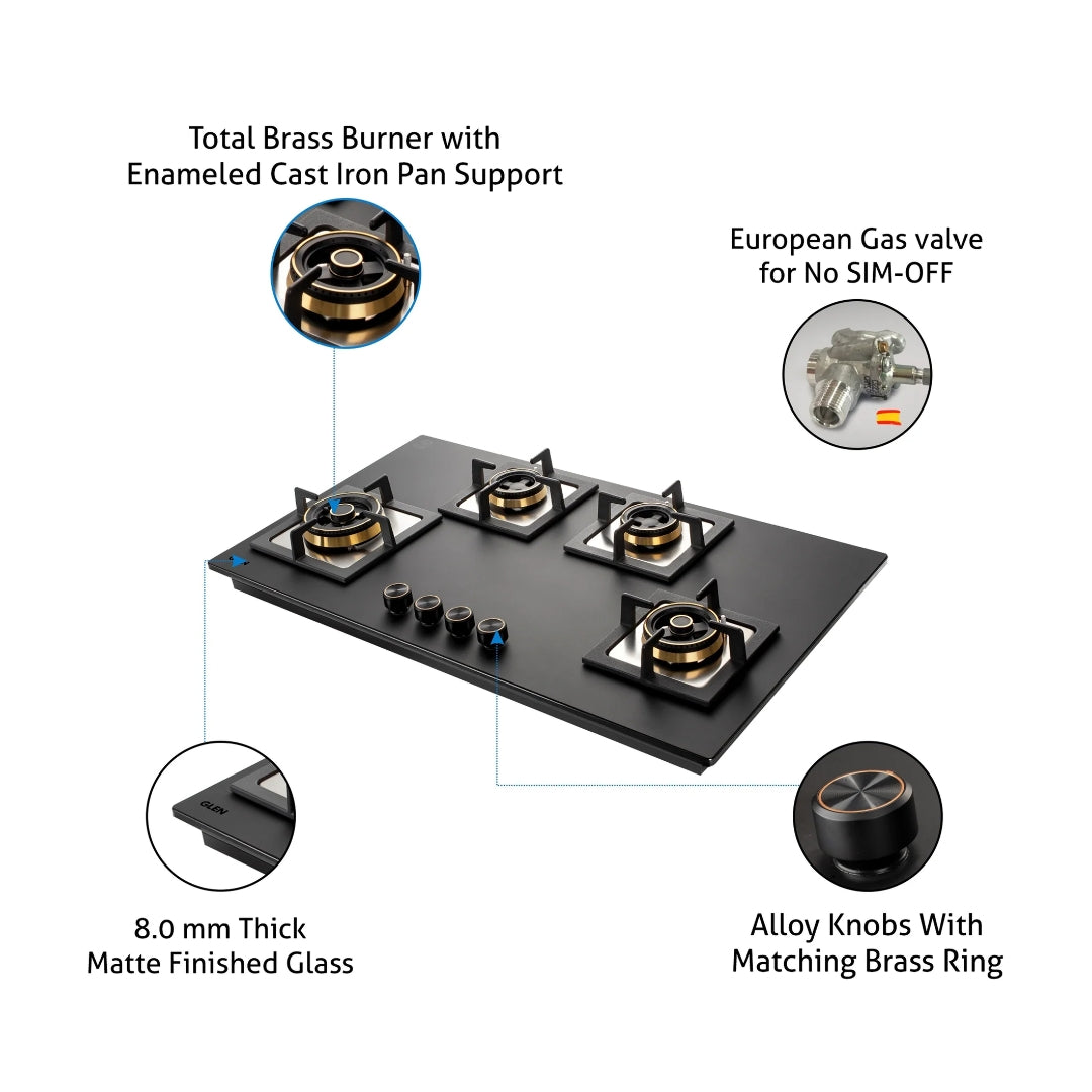 Glen 1094 XL 4 Burner Glass Top Burner Gas Stove - Black