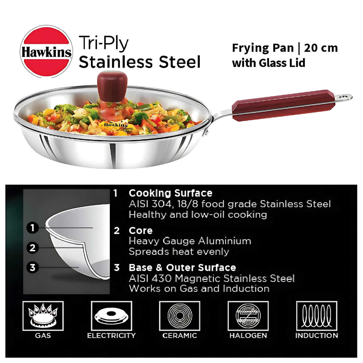 Hawkins 20cm Tri Ply Stainless Steel Frying Pan with Glass Lid SSF20G Durable Even Heat Cooking_2