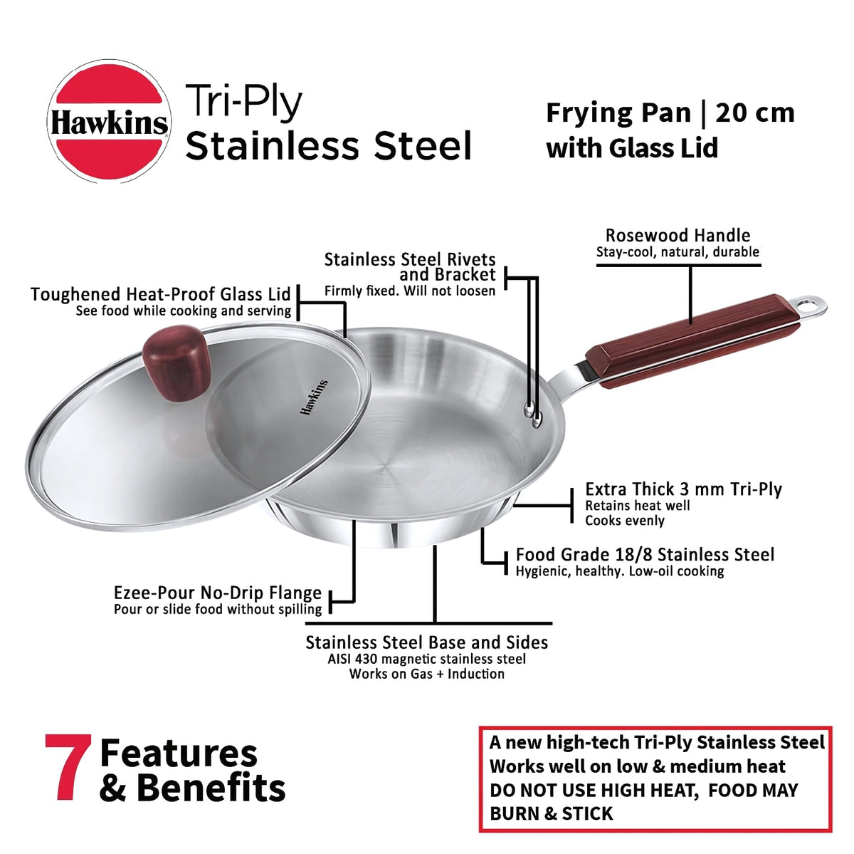 Hawkins 20cm Tri Ply Stainless Steel Frying Pan with Glass Lid SSF20G Durable Even Heat Cooking_3