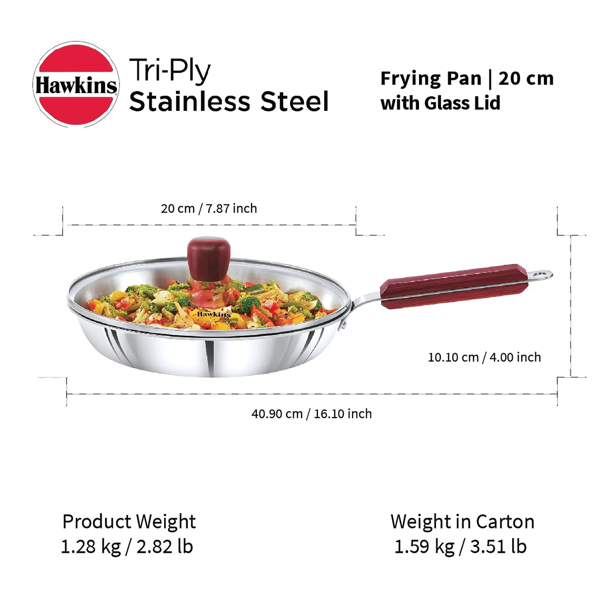 Hawkins 20cm Tri Ply Stainless Steel Frying Pan with Glass Lid SSF20G Durable Even Heat Cooking_4