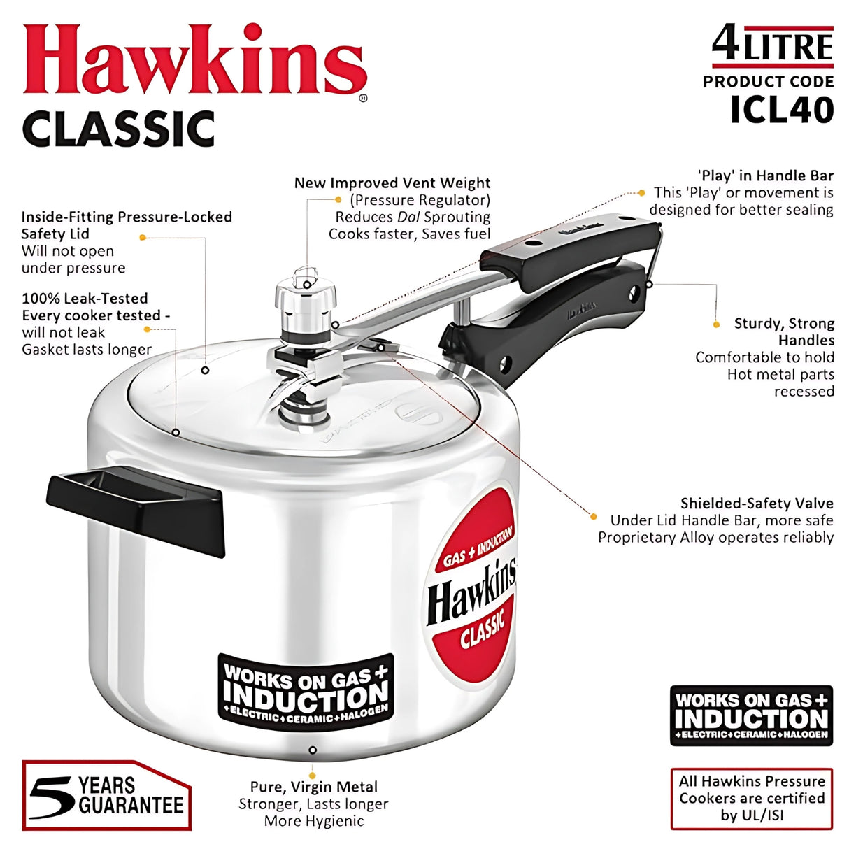 Hawkins Classic Aluminium Pressure Cooker (ICL40) 4 L_3