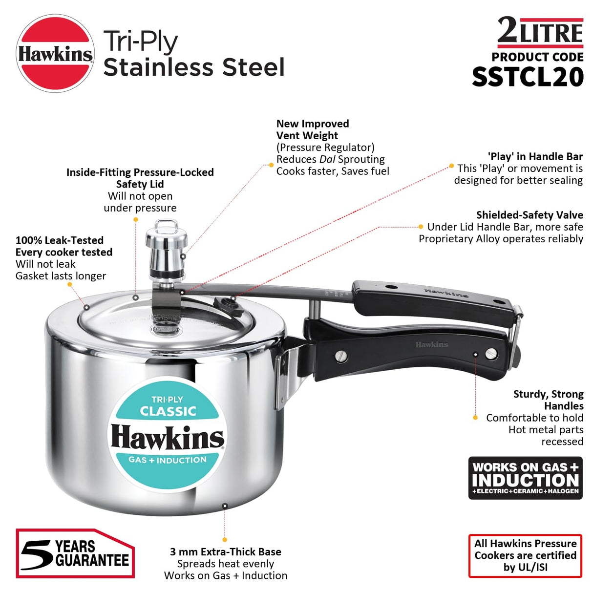 Hawkins Classic Triply Stainless Steel Pressure Cooker (SSTCL20) 2 L_7