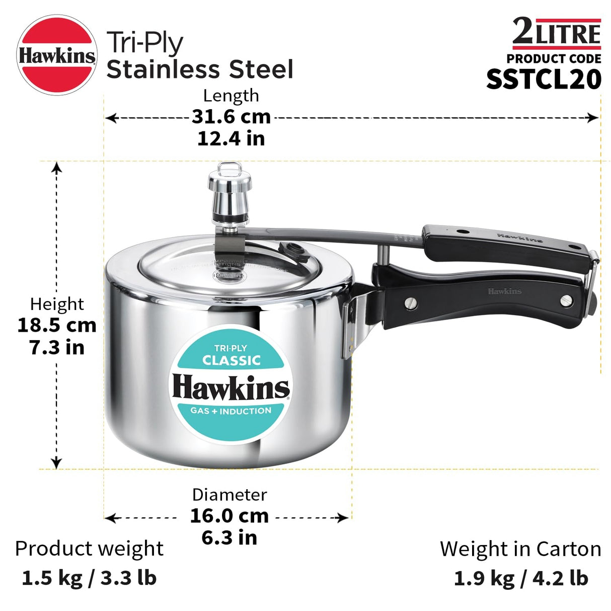 Hawkins Classic Triply Stainless Steel Pressure Cooker (SSTCL20) 2 L_8