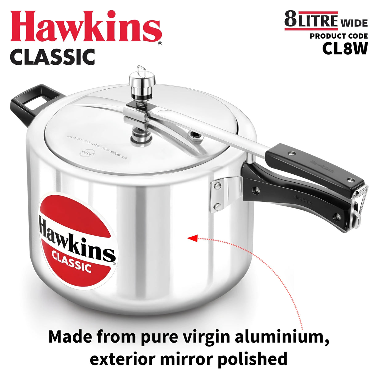 Hawkins Classic Wide Body Aluminium Pressure Cooker (CL8W) 8 L_2