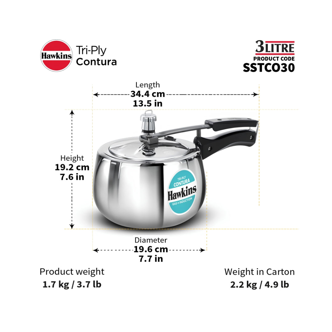 Hawkins Contura Triply Stainless Steel Pressure Cooker (SSTCO30) 3 L_Dimension