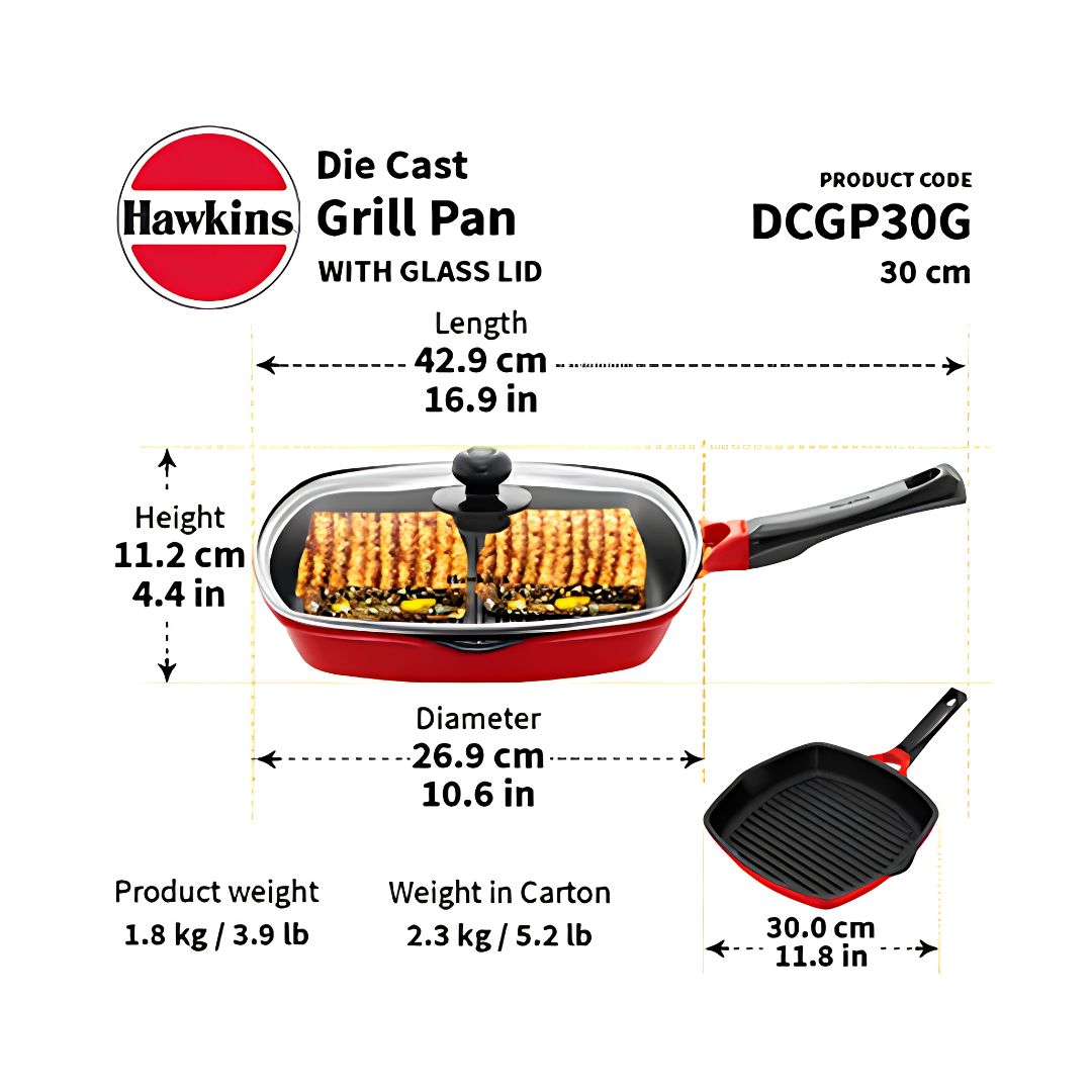 Hawkins Die Cast Grill Pan with Glass Lid (DCGP30G) 30 cm - Red_Dimensions