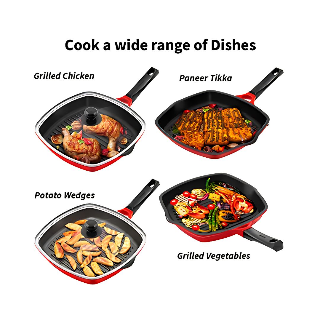 Hawkins Die Cast Grill Pan with Glass Lid (DCGP30G) 30 cm - Red_Features 3
