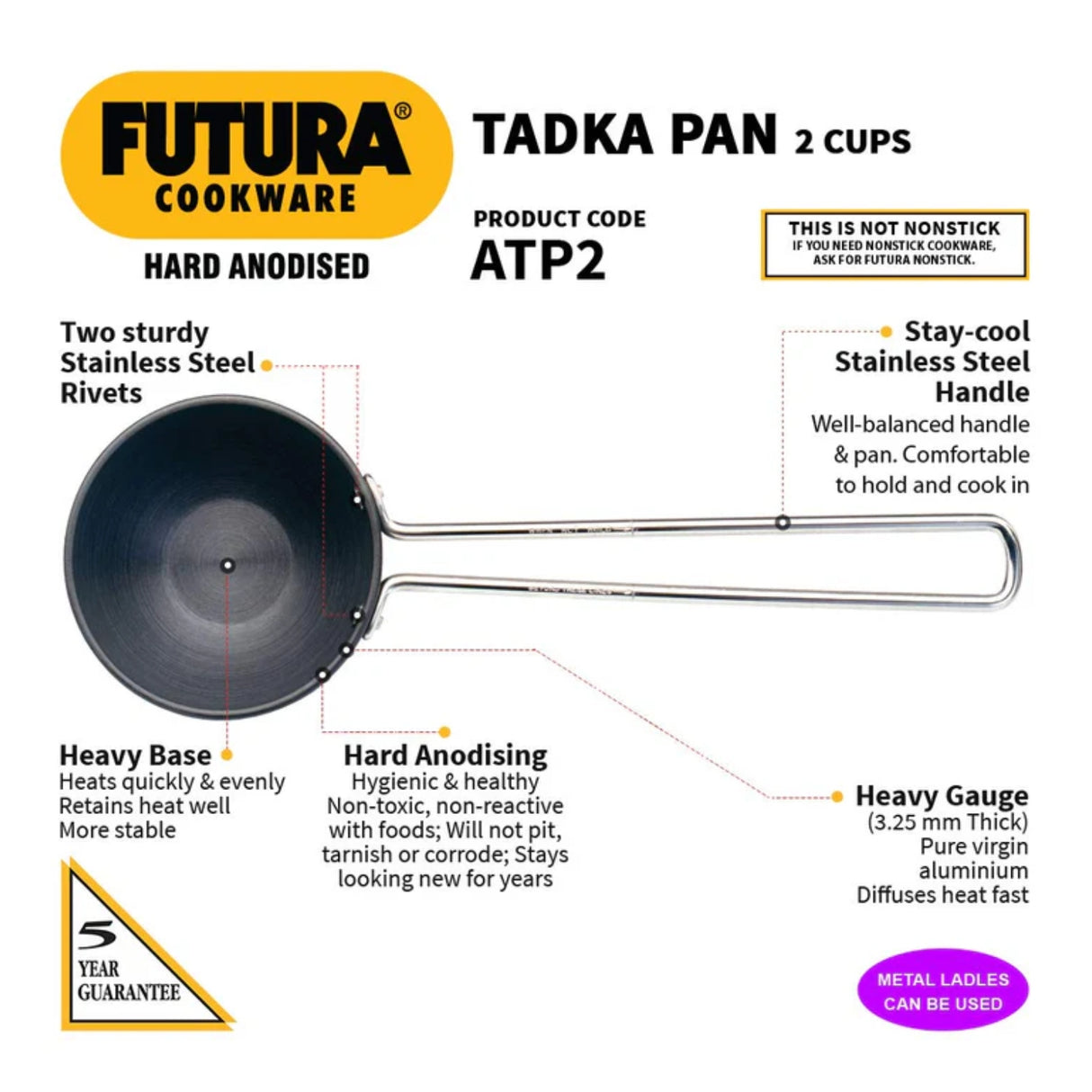 Hawkins Futura Hard Anodised Tadka Pan (ATP2) 12 cm \ 0.48 L - Black_3