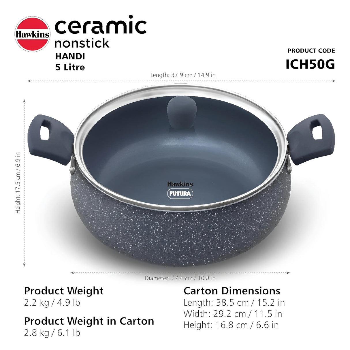 Hawkins Induction Compatible Ceramic NS Cook n Serve Handi with Glass Lid (ICH50G) 5 L – Grey_7