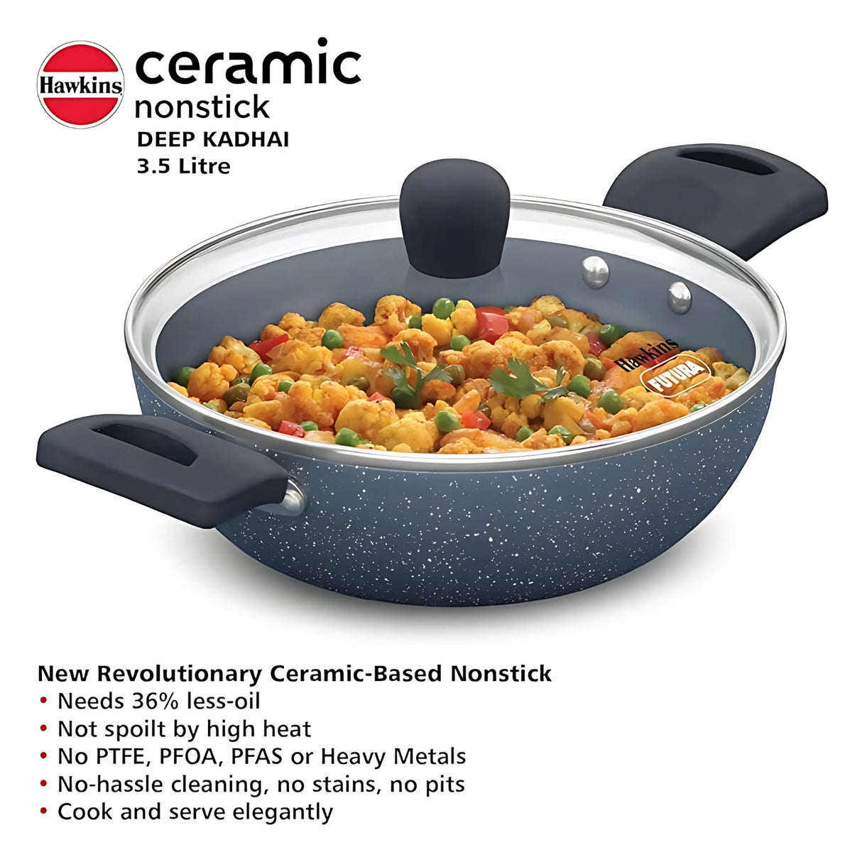 Hawkins Induction Compatible Ceramic NS Deep Kadai with Glass Lid (ICK35G) 3.5 L - Grey_3