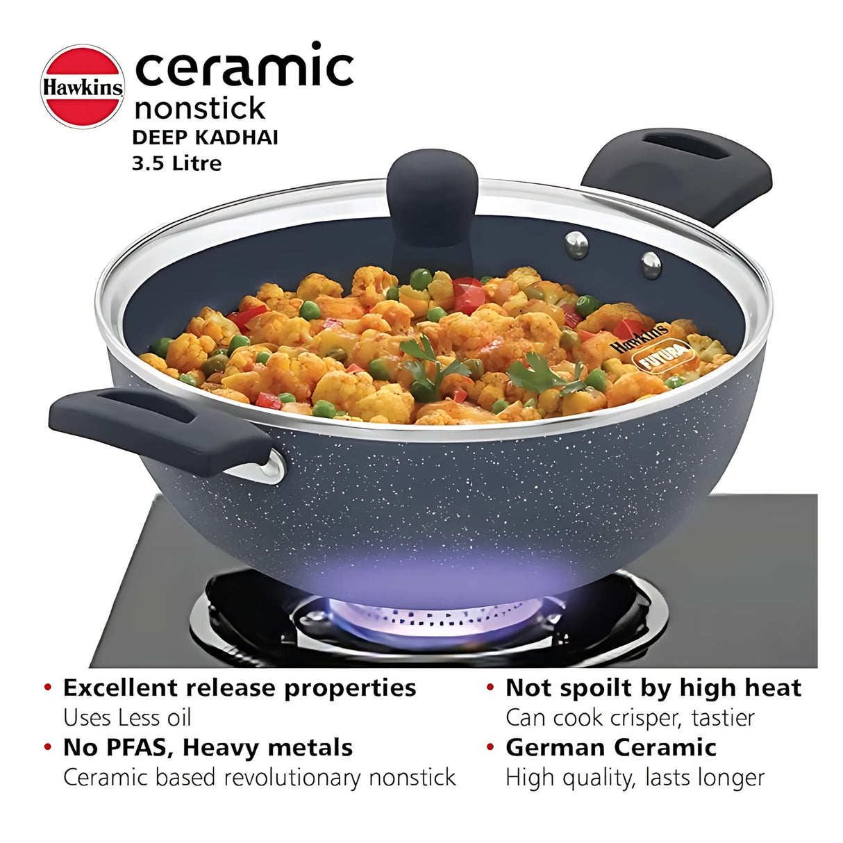 Hawkins Induction Compatible Ceramic NS Deep Kadai with Glass Lid (ICK35G) 3.5 L - Grey_4