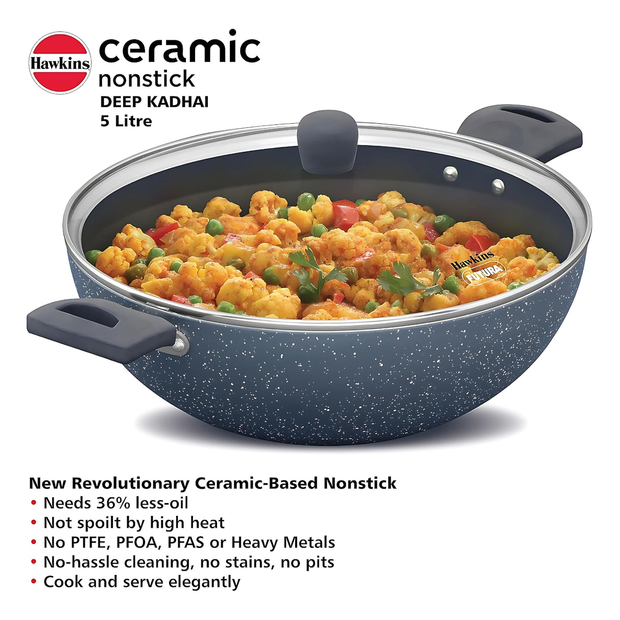 Hawkins Induction Compatible Ceramic NS Deep Kadai with Glass Lid (ICK50G) 5 L - Grey_3