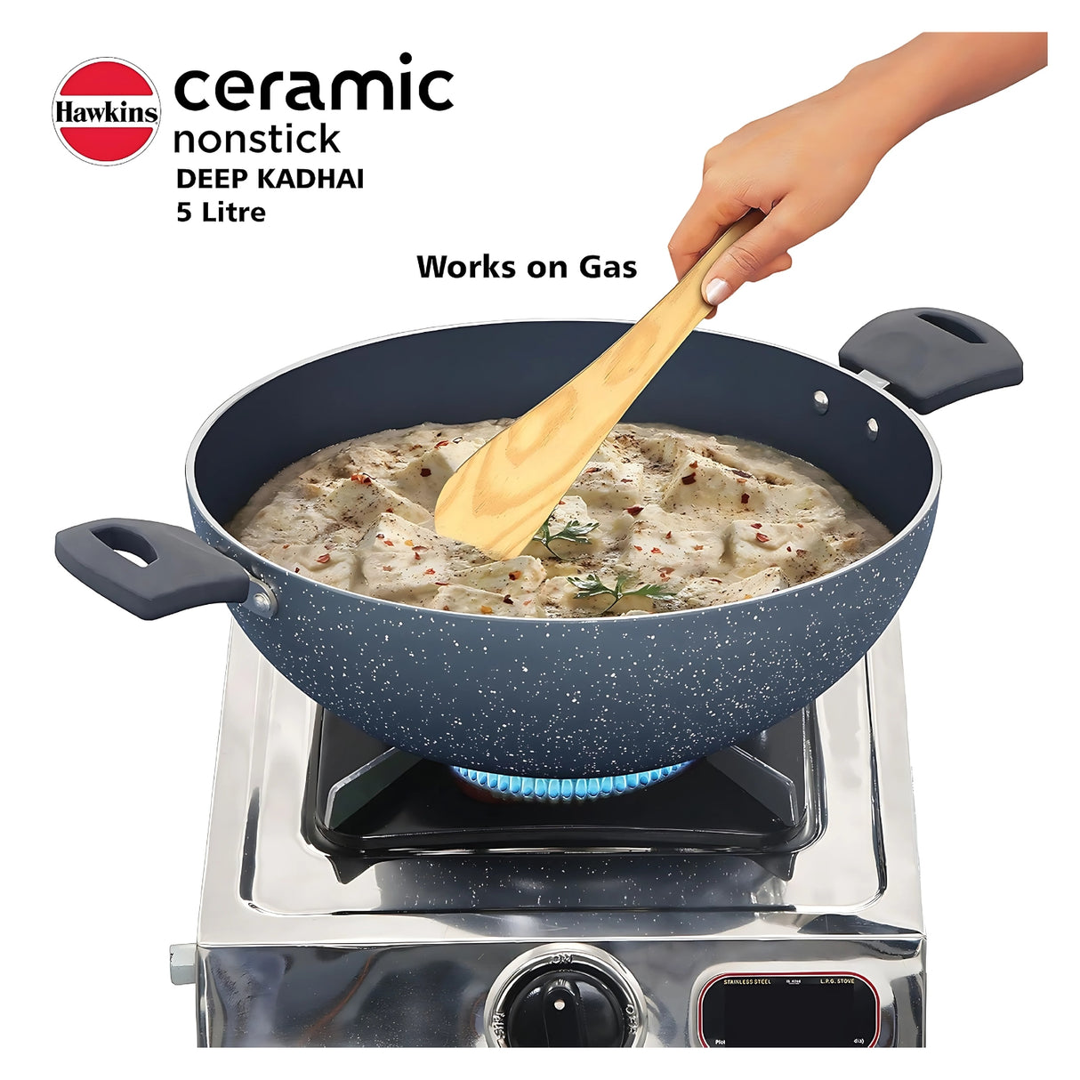 Hawkins Induction Compatible Ceramic NS Deep Kadai with Glass Lid (ICK50G) 5 L - Grey_5