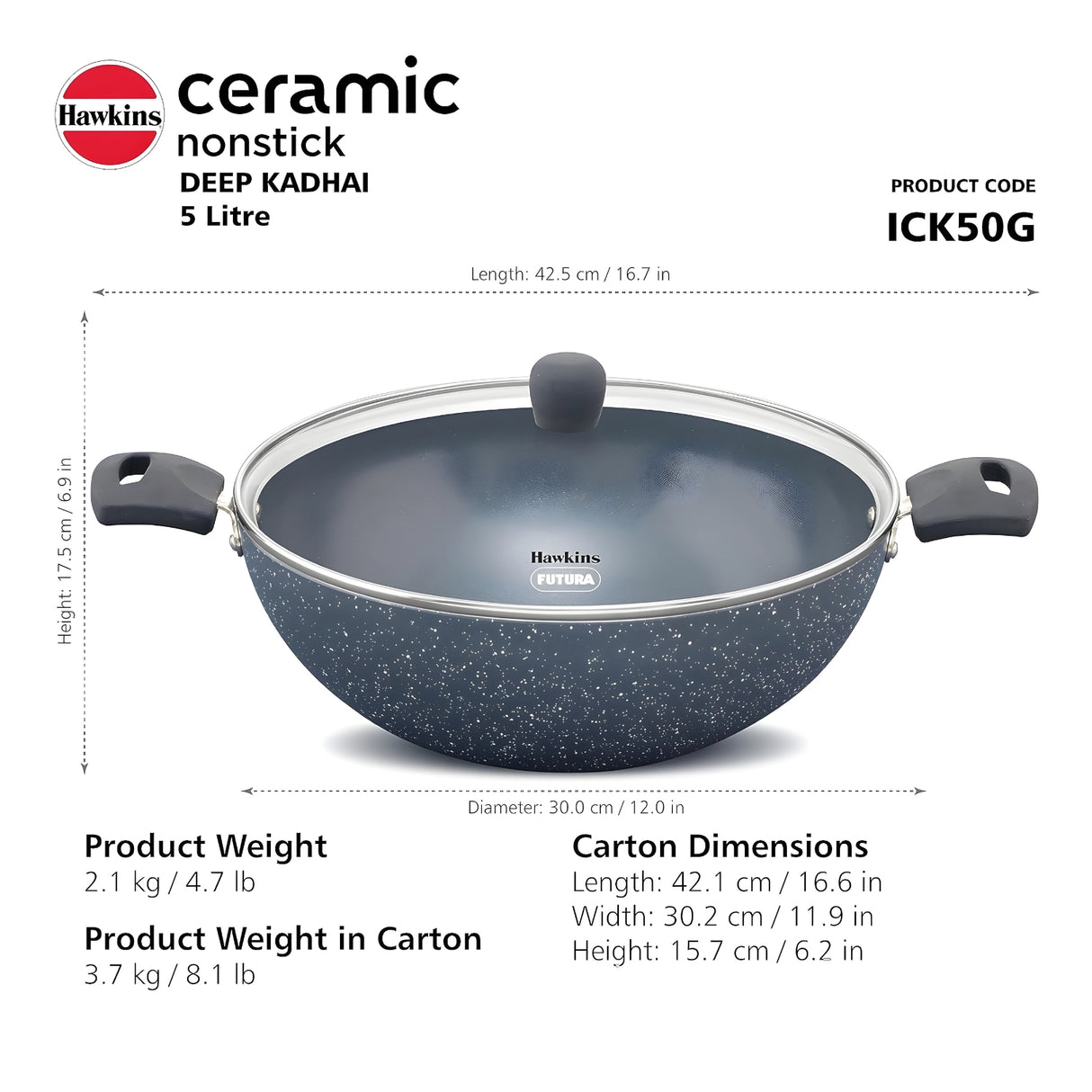 Hawkins Induction Compatible Ceramic NS Deep Kadai with Glass Lid (ICK50G) 5 L - Grey_7