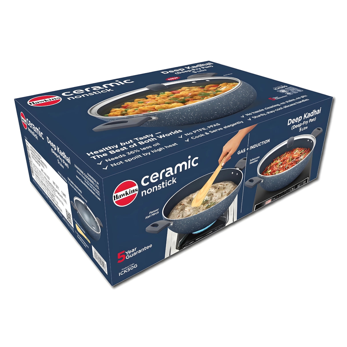 Hawkins Induction Compatible Ceramic NS Deep Kadai with Glass Lid (ICK50G) 5 L - Grey_8