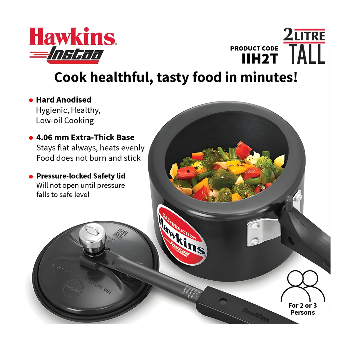 Hawkins Instaa Hard Anodised Tall Pressure Cooker (IIH2T) 2 L - Black_2