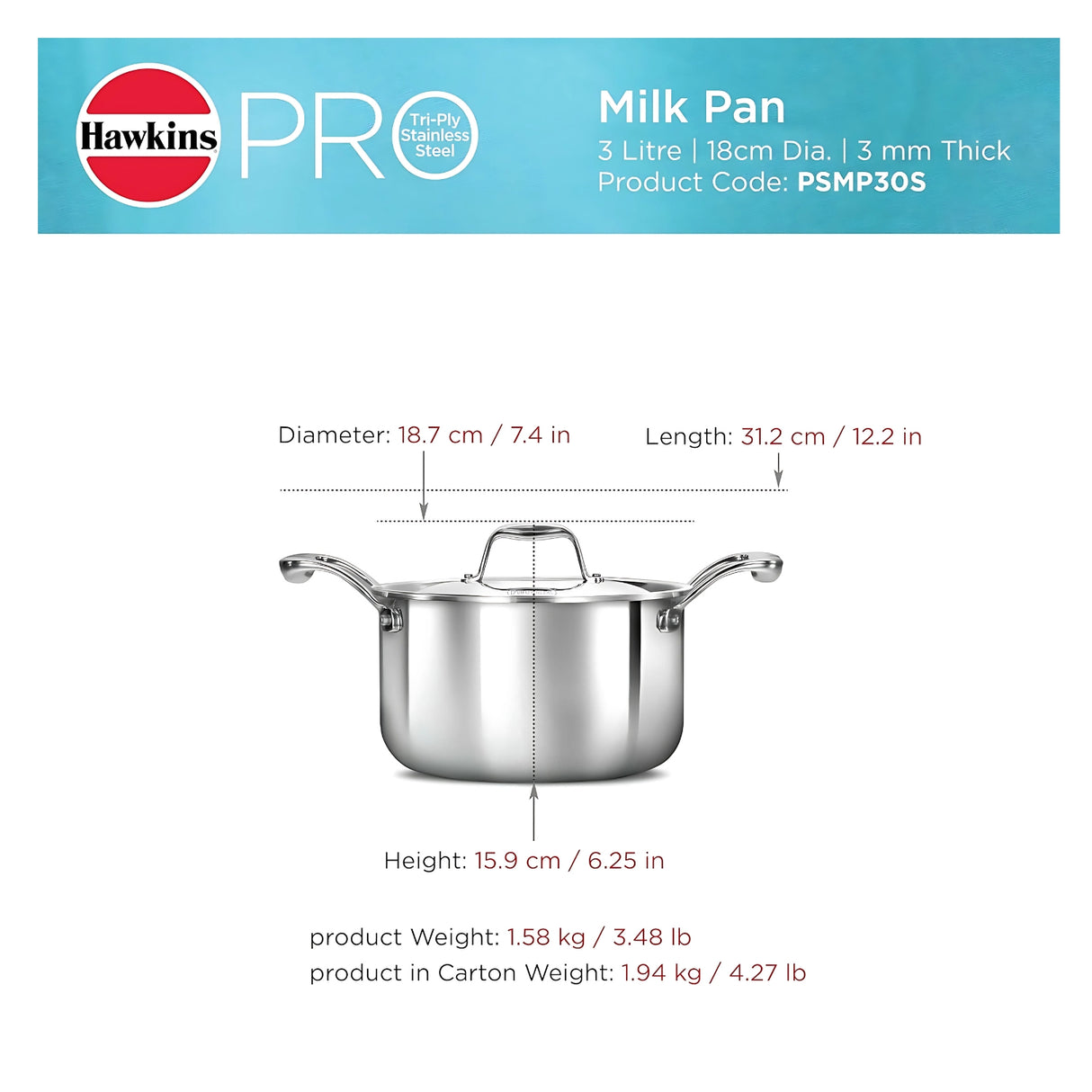 Hawkins Pro Tri-Ply Milk Pan with SS Lid (PSMP30S) 18 cm \ 3 L_9