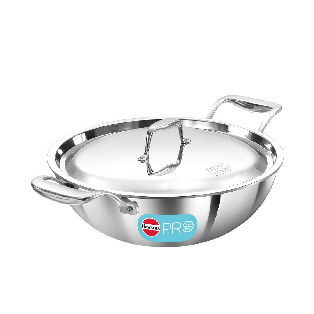 Hawkins Pro Tri-Ply Stainless Steel Deep Fry Pan with Lid (PSK35S) 26 cm_Front View