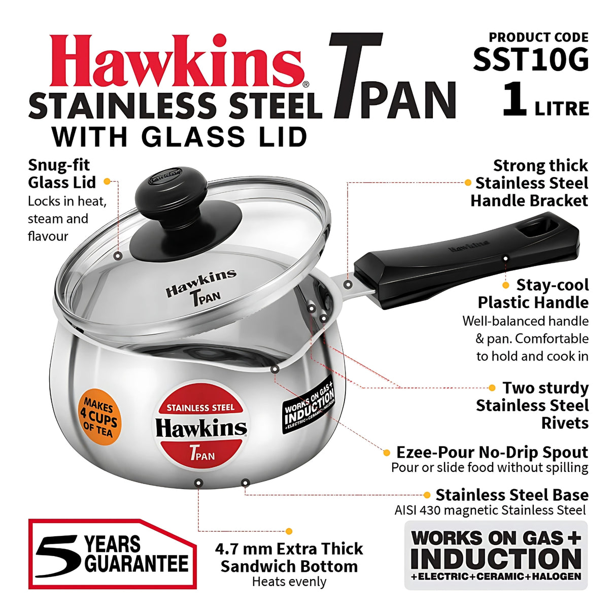 Hawkins SST10G Stainless Steel 1L T-Pan with Lid Induction Compatible Tea Pan Silver_2