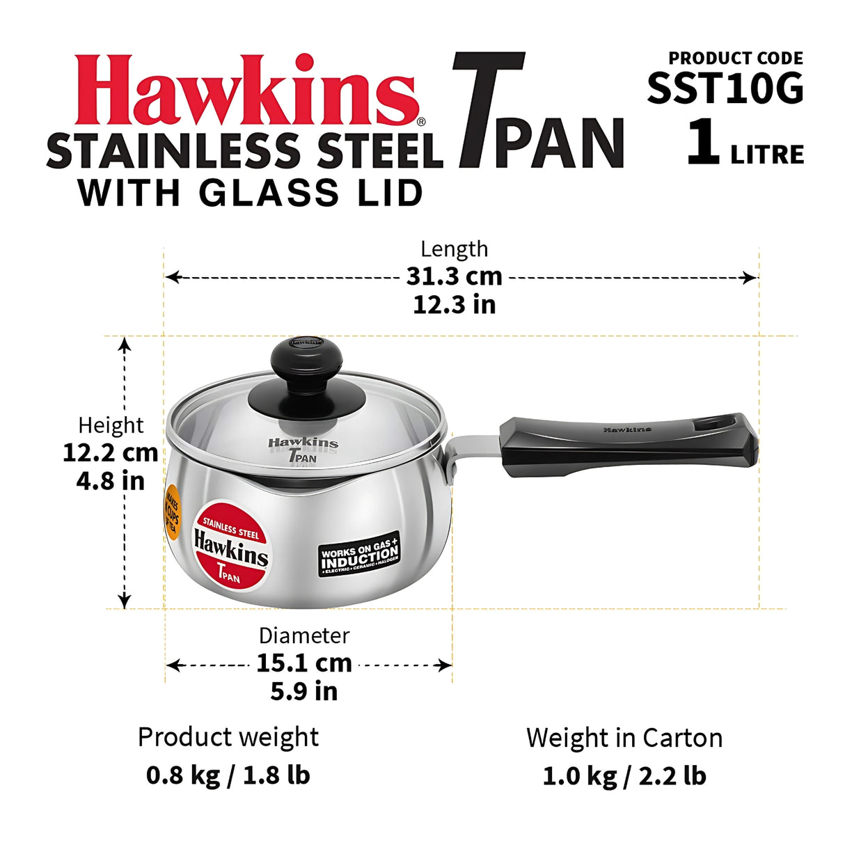 Hawkins SST10G Stainless Steel 1L T-Pan with Lid Induction Compatible Tea Pan Silver_3
