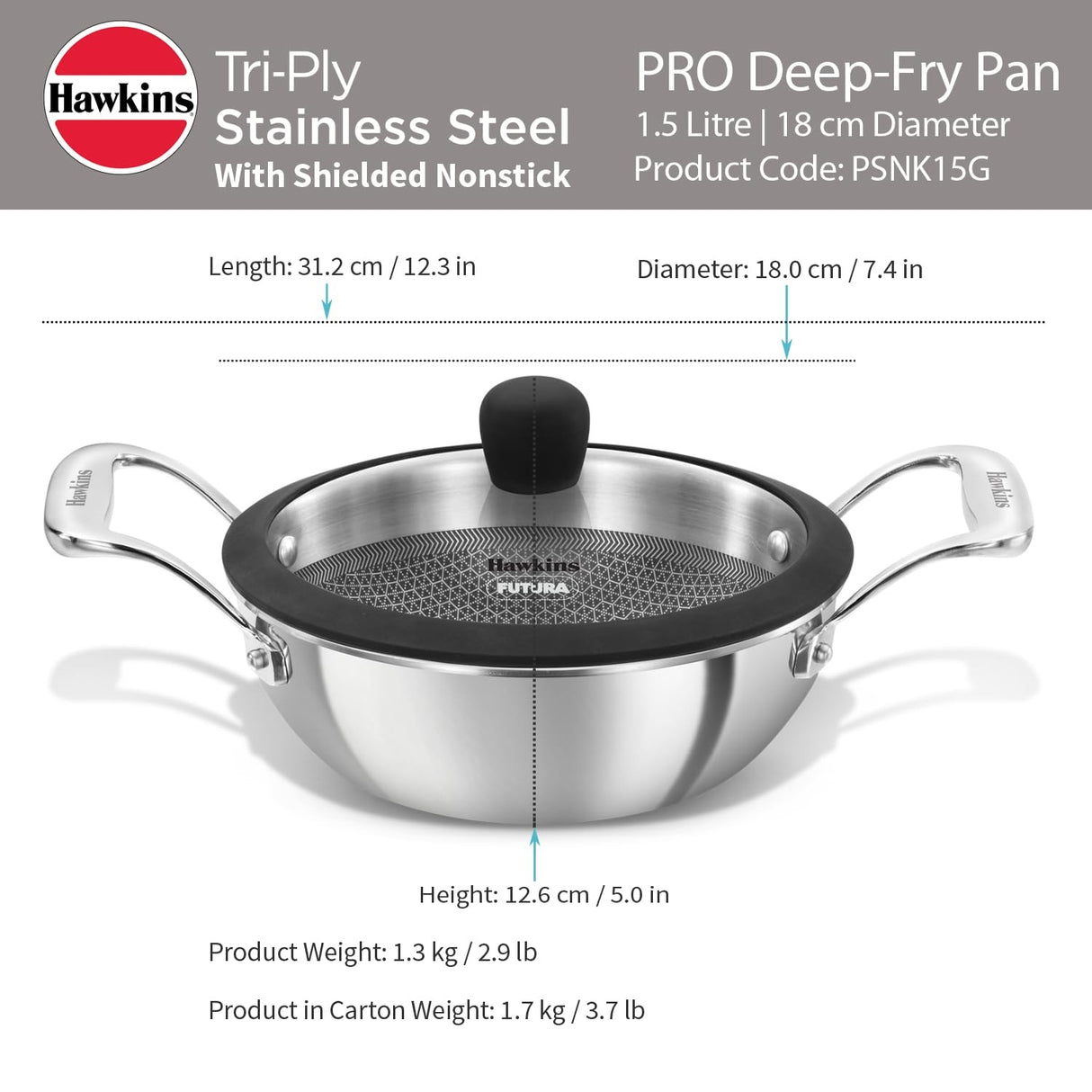 Hawkins Tri-Ply SS Deep Fry Pan with Glass Lid (PSNK15G) 1.5 L_3