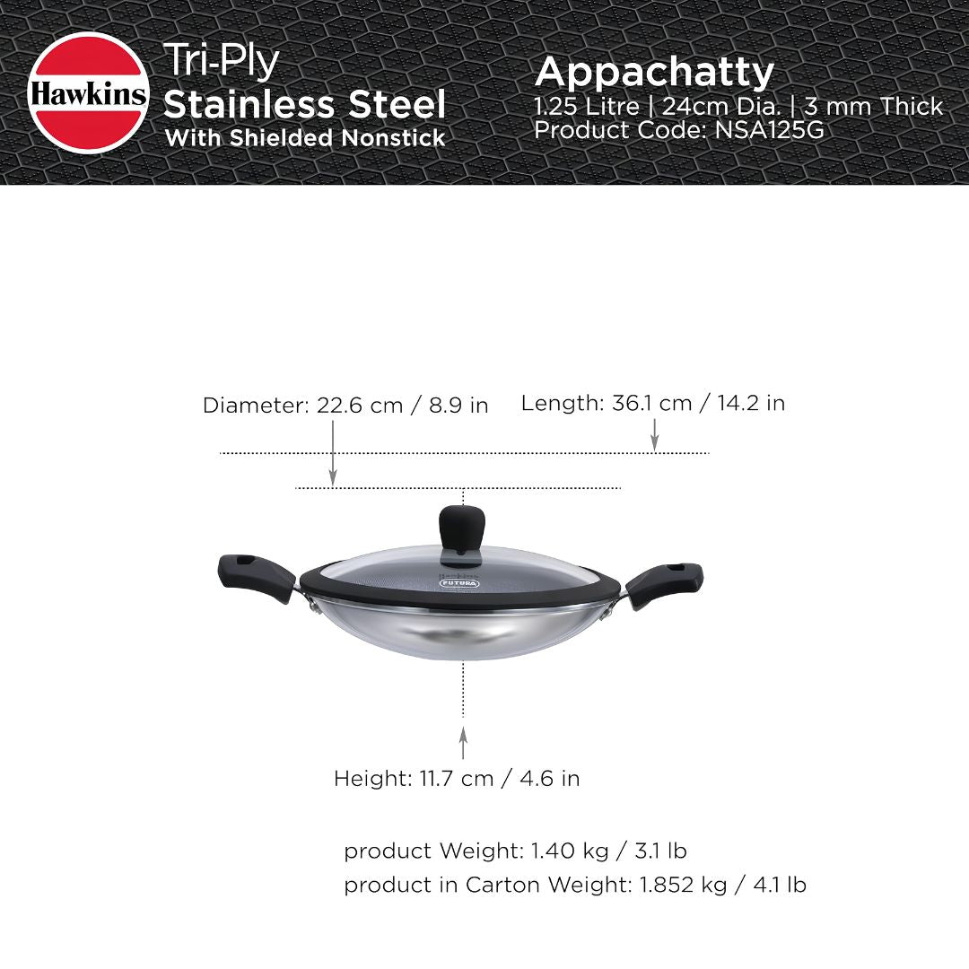 Hawkins Triply SS Appachatty Nonstick Shielded with Glass Lid (NSA125G) 24 cm _ 1.25 L - Dimensions