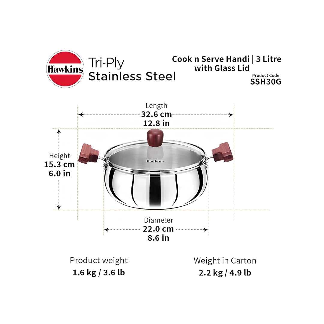 Hawkins Triply Stainless Steel Induction Compatible Handi with Glass Lid (SSH30G) 3 L_Dimensions