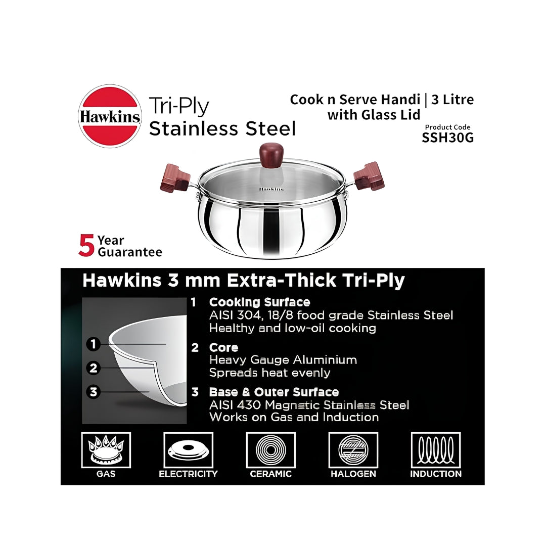 Hawkins Triply Stainless Steel Induction Compatible Handi with Glass Lid (SSH30G) 3 L_Features1