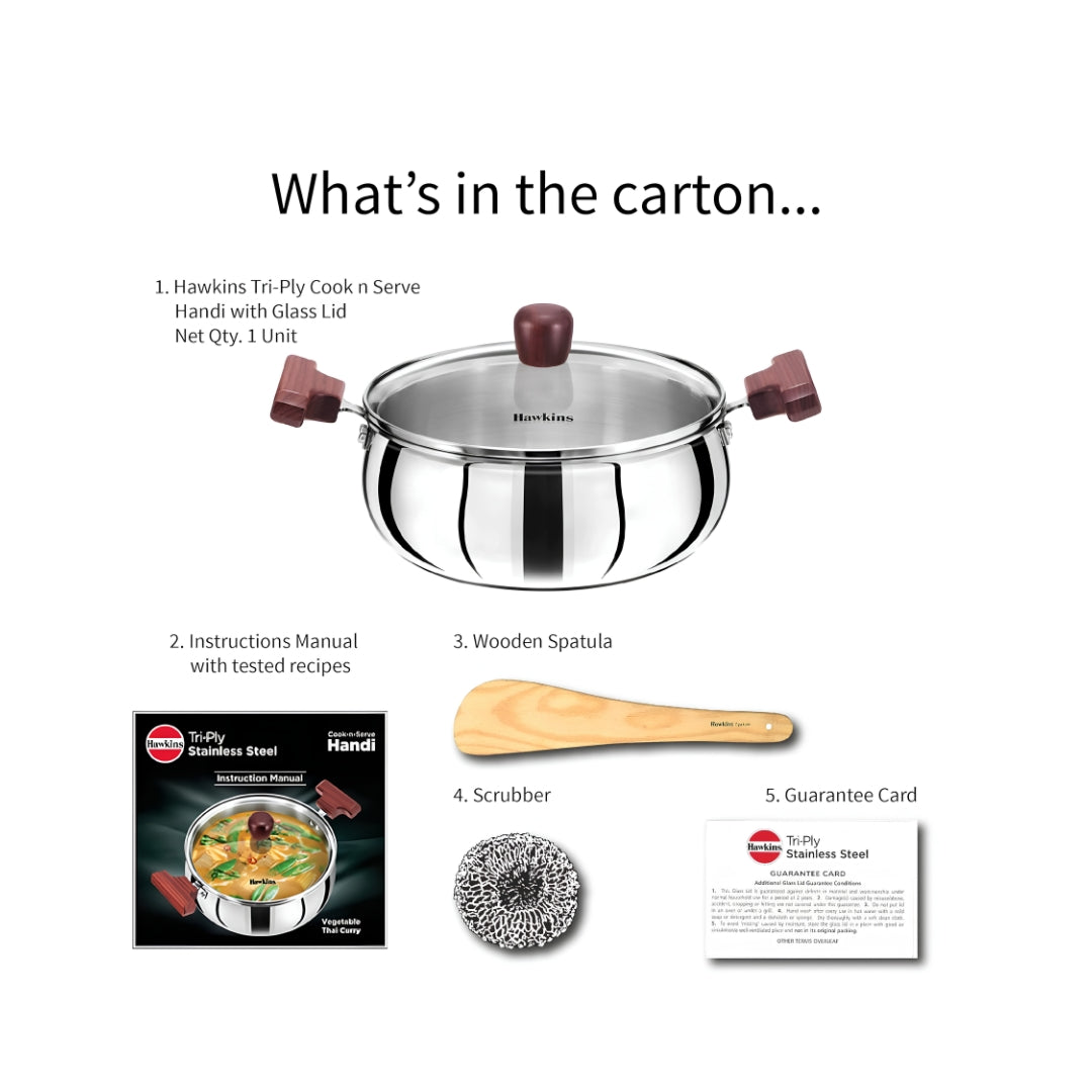 Hawkins Triply Stainless Steel Induction Compatible Handi with Glass Lid (SSH30G) 3 L_Package Content